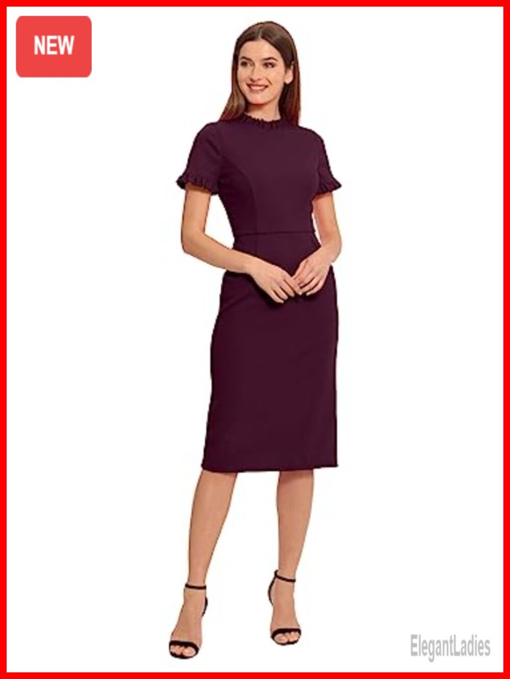 Ruffle Collar Sheath Dress Short Sleeve Pockets Below Knee
